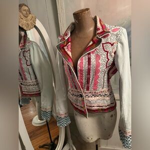 Johnny Was Vintage White Denim Colorful Embroidered Women's Jacket